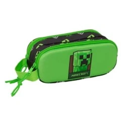 Safta Minecraft 3D Pencil Case - 2 Zipped Compartments - Side Handle - 1L Capacity - 21x8x6cm - Green and Black