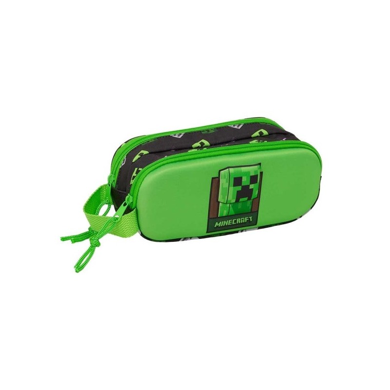 Safta Minecraft Estojo 3D - 2 Compartimentos com Fecho de Correr - Pega Lateral - Capacidade 1L - 21x8x6cm - Cor Verde e Preto