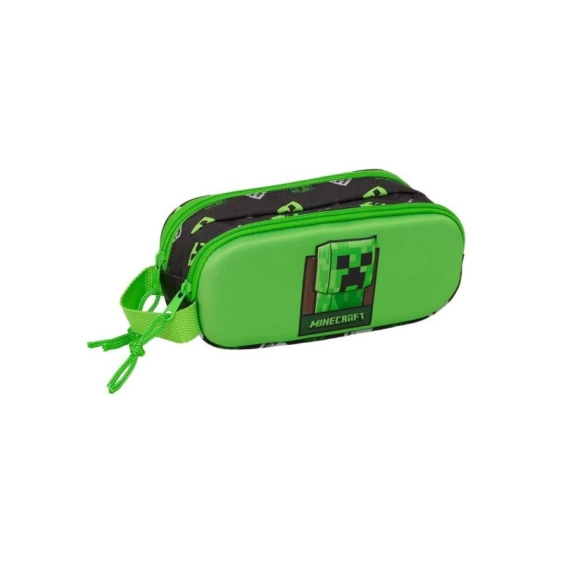 Safta Minecraft Estojo 3D - 2 Compartimentos com Fecho de Correr - Pega Lateral - Capacidade 1L - 21x8x6cm - Cor Verde e Preto