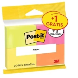 Post-It Pack de 4 Blocs de 100 Notas Adhesivas Reposicionables - Colores Neon - 38x51mm - Promocion 3 Blocs + 1 Gratis