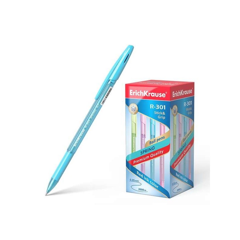 Erichkrause Stylo à Bille R-301 Spring Stick&Grip 0.7 - Corps Hexagonal Translucide - Zone de Préhension en Caoutchouc Profilée