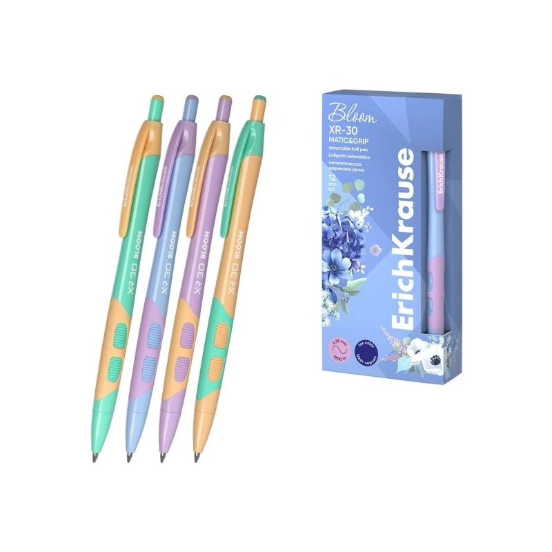 Erichkrause Bloom XR-30 Matic&Grip Pastel Esferográfica Retrátil - Ponta de Esfera 0,7mm - Traço de 0,35mm - Tinta Azul - Grip
