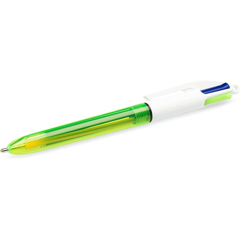 Bic 4 Colours Fluo Esferográfica de Bola Retrátil - Ponta Média de 1,0mm - Tinta com Base de Óleo - Tinta de Cores: Preto