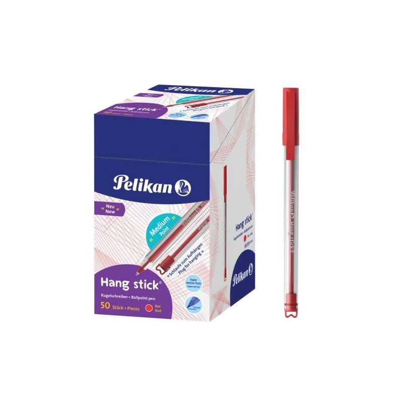 Pelikan Hang Stick Ballpoint Pen - 1mm Line Width - Anti-Choking Cap - Ergonomic Triangular Barrel - Hook - Oil-Based Ink - Red