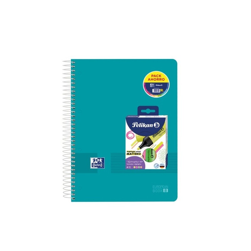 Oxford Europeanbook 8 Live & Go Pack de Caderno Espiral A4+ 160 Folhas Quadriculado 5x5 + 4 Marcadores Texmarker 490 Pelikan