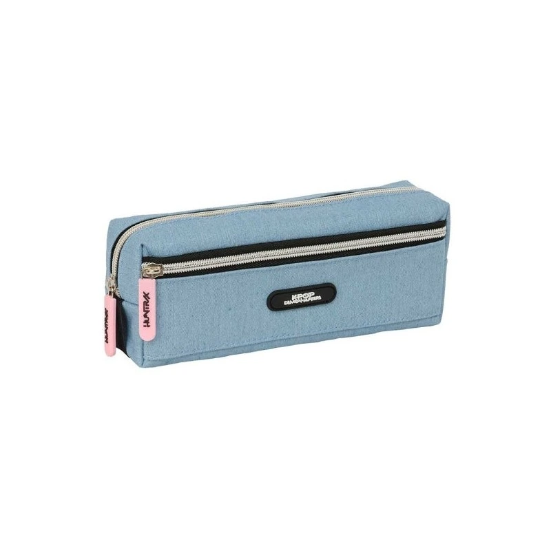 Safta K-Pop Demon Hunters Huntr/X Pencil Case - 3 Zipped Compartments - Elastic Band - Compact - 22x8.5x6cm - Light Blue