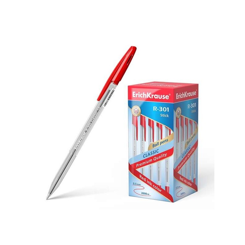 Erichkrause R-301 Stylo à Bille Pointe 1.0mm - Trait 0.5mm - Encre à Séchage Rapide - Corps Transparent - Capuchon Ventilé