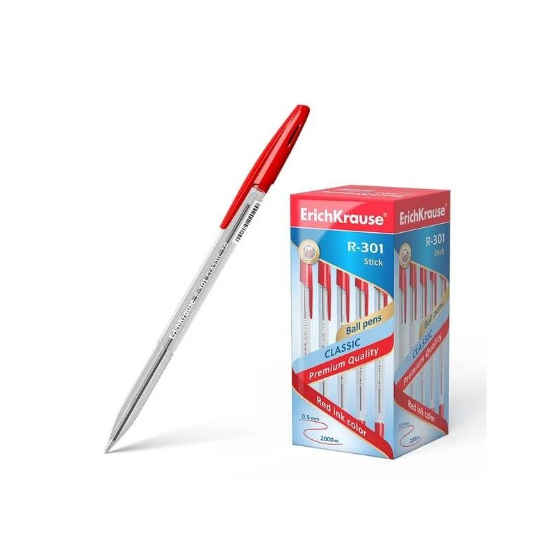 Erichkrause R-301 Stylo à Bille Pointe 1.0mm - Trait 0.5mm - Encre à Séchage Rapide - Corps Transparent - Capuchon Ventilé