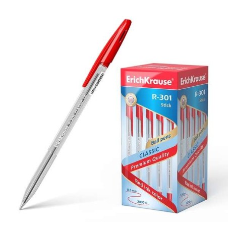 Erichkrause R-301 Boligrafo de Bola Punta 1.0mm - Trazo 0.5mm - Tinta de Secado Rapido - Cuerpo Transparente - Capuchon
