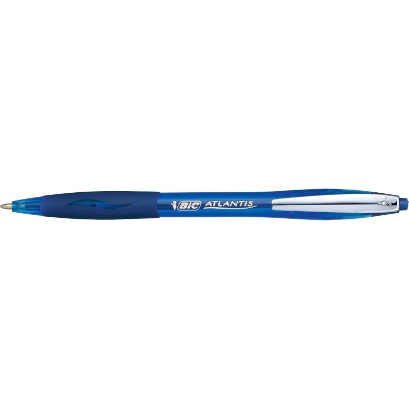 Bic Atlantis Soft Retractable Ballpoint Pen with Metal Clip - 1mm Tip - Transparent Barrel with Grip - Blue Colour