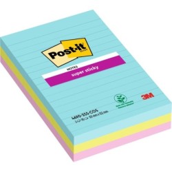 Post-It Super Sticky Pack of 3 Pads of 90 Repositionable Sticky Notes - Rectangular Shape - 101x152mm - Assorted Colours