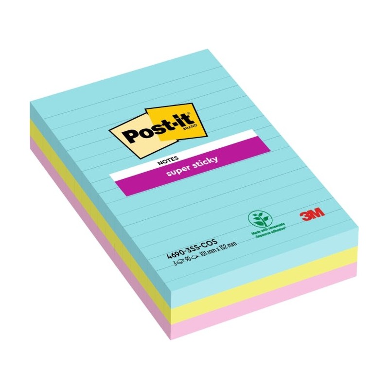 Post-It Super Sticky Pack de 3 Blocos de 90 Notas Adesivas Reposicionáveis - Forma Retangular - 101x152mm - Cores Sortidas