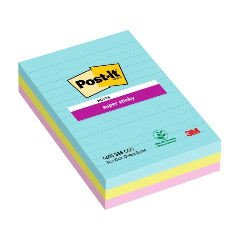 Post-It Super Sticky Pack de 3 Blocos de 90 Notas Adesivas Reposicionáveis - Forma Retangular - 101x152mm - Cores Sortidas