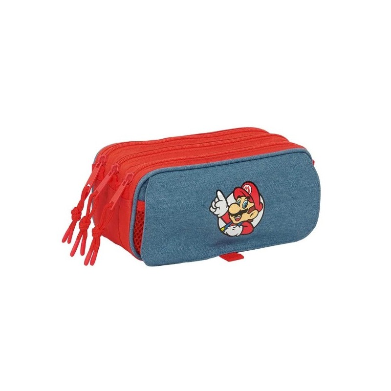 Safta Super Mario Estojo - 3 Compartimentos com Fecho de Correr - Fita Traseira Adaptável - Bolso Frontal de Rede com Velcro