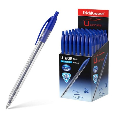 Erichkrause Esferográfica Automática U-208 Classic Matic - Ultra Glide Technology - Corpo Transparente com Grip - Cor Azul