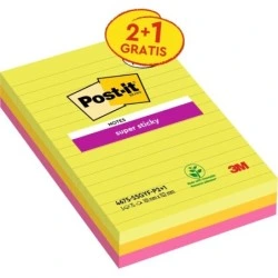Post-It Super Sticky Pack de 3 Blocs de 75 Notes Adhésives Repositionnables - Forme Rectangulaire - 101x152mm - Coloris Assortis