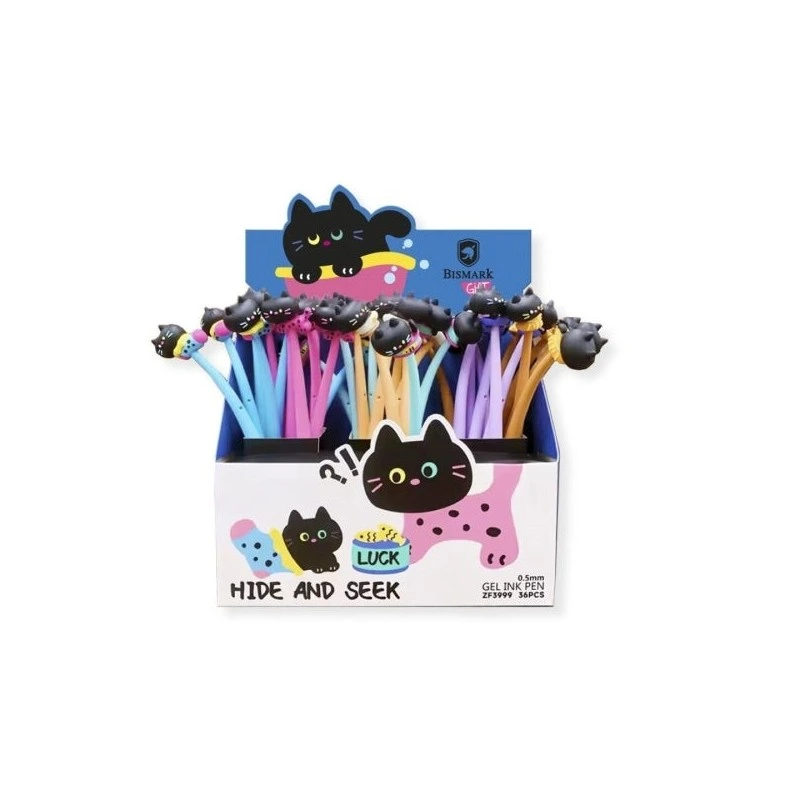 Bismark Animals Gato Boligrafo Tacto Soft con Divertidos Gatitos Negros - Punta Fina - Tinta Gel Color Negro - 6 Diseños