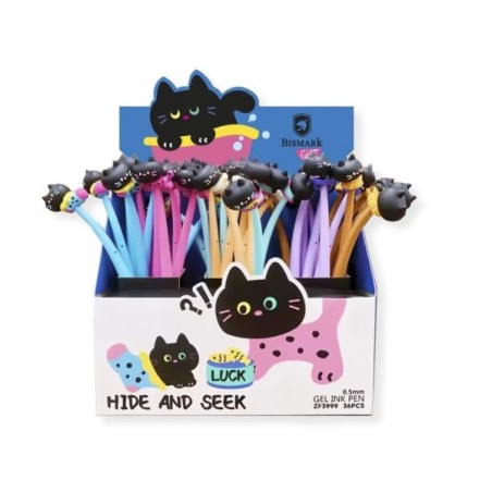 Bismark Animals Gato Boligrafo Tacto Soft con Divertidos Gatitos Negros - Punta Fina - Tinta Gel Color Negro - 6 Diseños