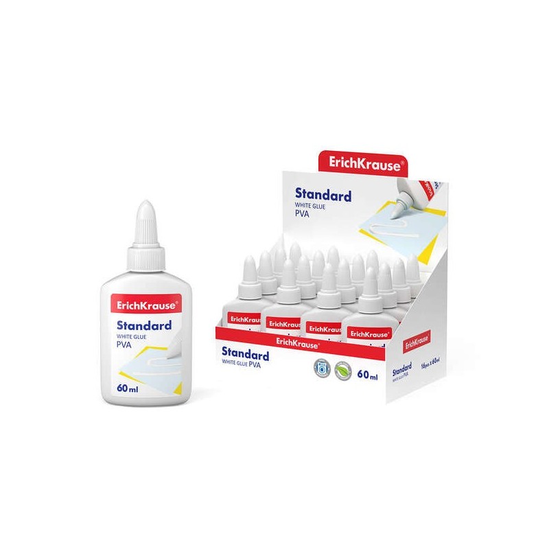 Erichkrause White PVA Glue Standard 60ml - Self-Cleaning Applicator - Flow Regulator - Non-Toxic - Frost Resistant - White
