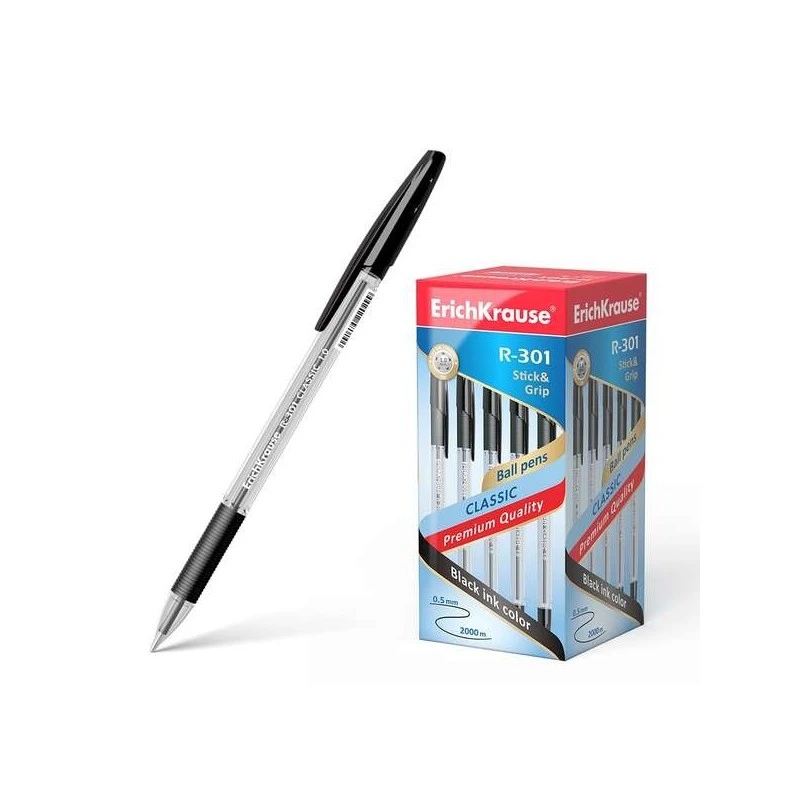 Erichkrause R-301 Stick&Grip Ballpoint Pen 1.0mm Tip - 0.5mm Line Width - Rubber Grip - Quick-Drying Ink - Transparent Barrel