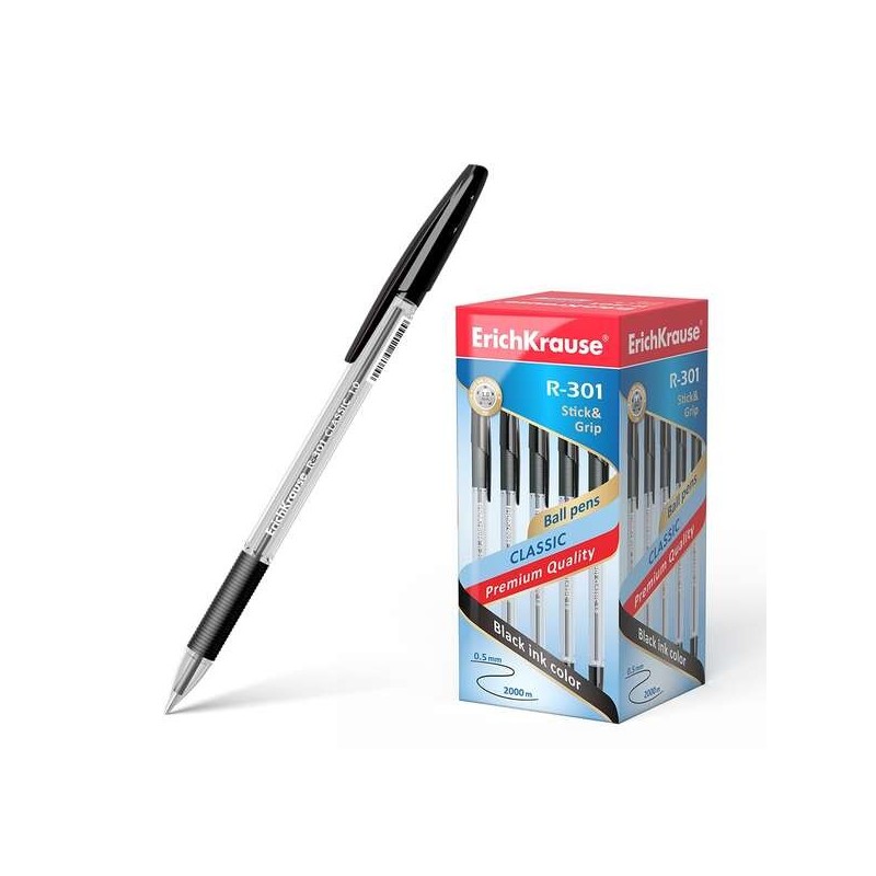Erichkrause R-301 Stick&Grip Stylo à Bille Pointe 1.0mm - Tracé 0.5mm - Grip en Caoutchouc - Encre à Séchage Rapide - Corps