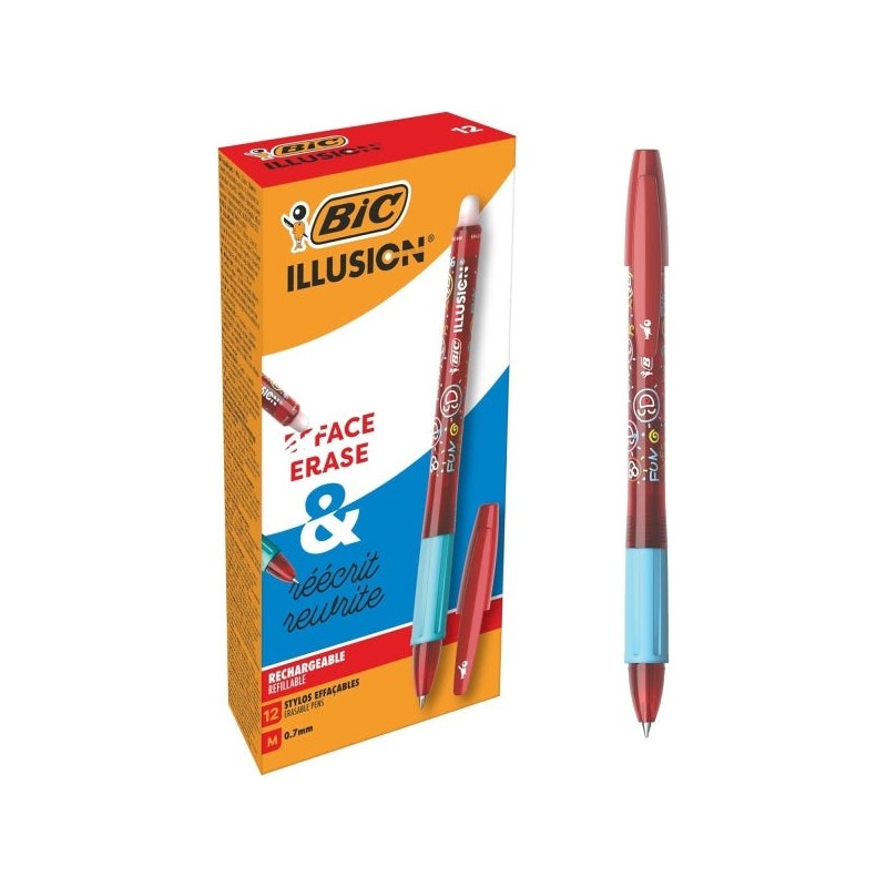 Bic Illusions Erasable Ballpoint Pen - Medium Tip 0.7mm - Rubber Grip - Refillable - Red