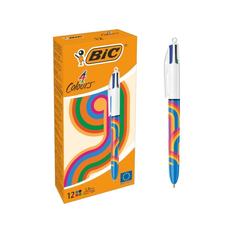 Bic 4 Colours Decors Lines Boligrafo de Bola Retractil - Punta Media de 1.0mm - Tinta con Base de Aceite - 4 Colores