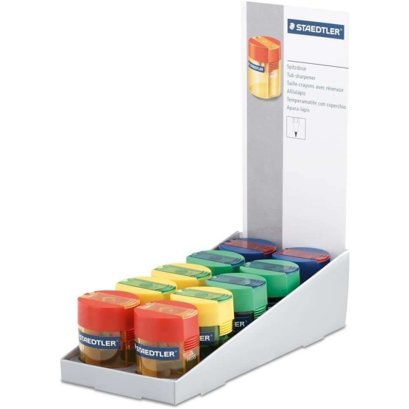 Staedtler Pencil Sharpener with Canister, 1 Hole - Up to 8.2mm - 23º Sharpening Angle - Assorted Colours