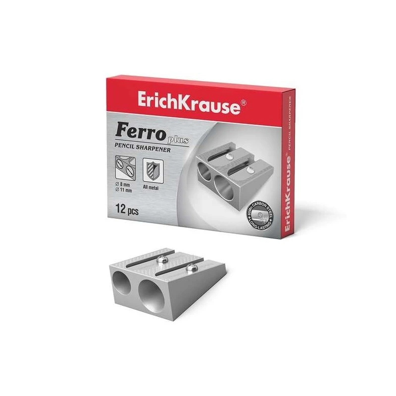 Erichkrause Ferro Plus - Double Aluminium Pencil Sharpener - Ergonomic Grip - Two Holes of 8mm and 11mm - Spiral-Shaped Carbon