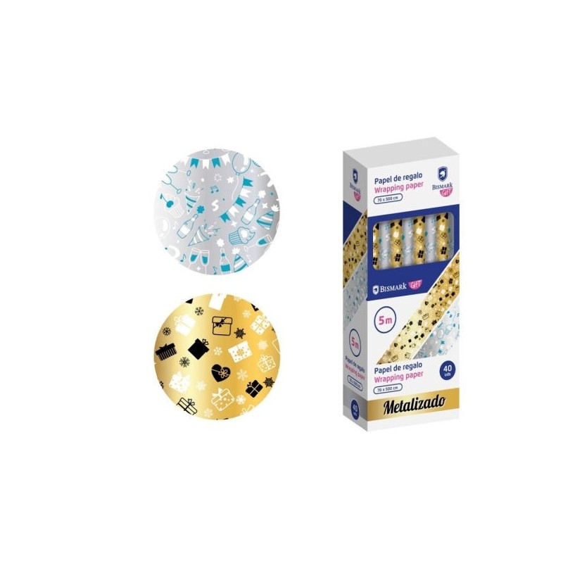 Bismark Metalizado Rollo de Papel Regalo - Medidas 70cmx500cm - 2 Diseños Diferentes