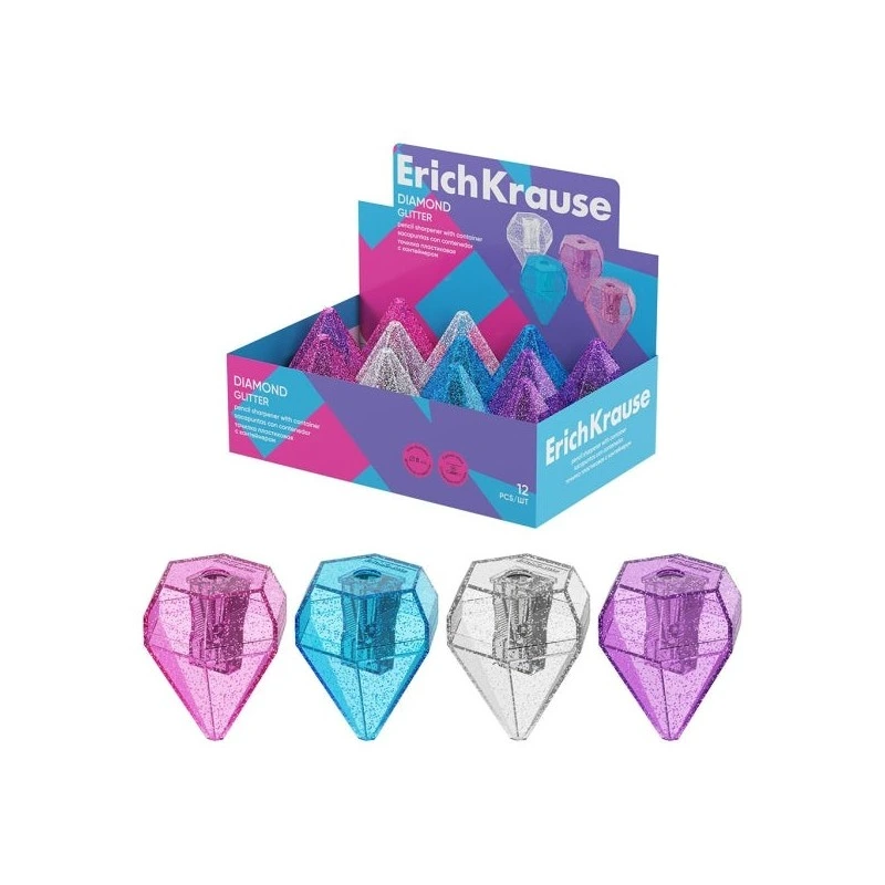 ErichKrause Diamond Expositor con 12 Sacapuntas con Contenedor - Plastico - Cuchilla Niquelada de Acero al Carbono - Orificio
