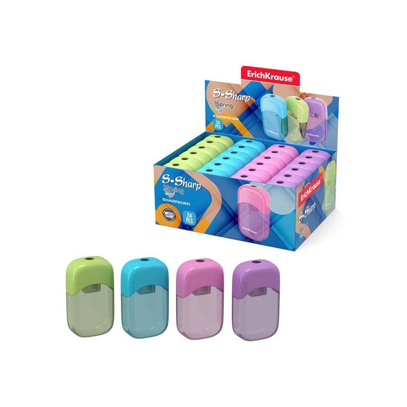 Erichkrause S-Sharp Pencil Sharpener with Container - Ergonomic Design - Hard-Wearing Steel Blade - Assorted Colours