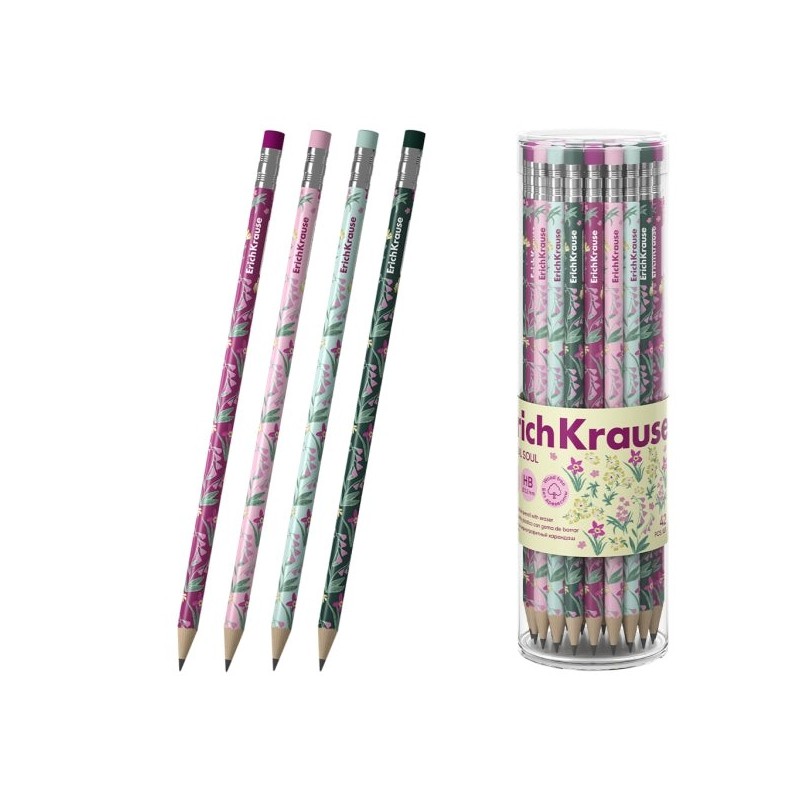 ErichKrause Floral Soul Lápis de Grafite com Borracha - Mina HB - Corpo Redondo - Plástico - Pega Ergonómica - Cores Sortidas