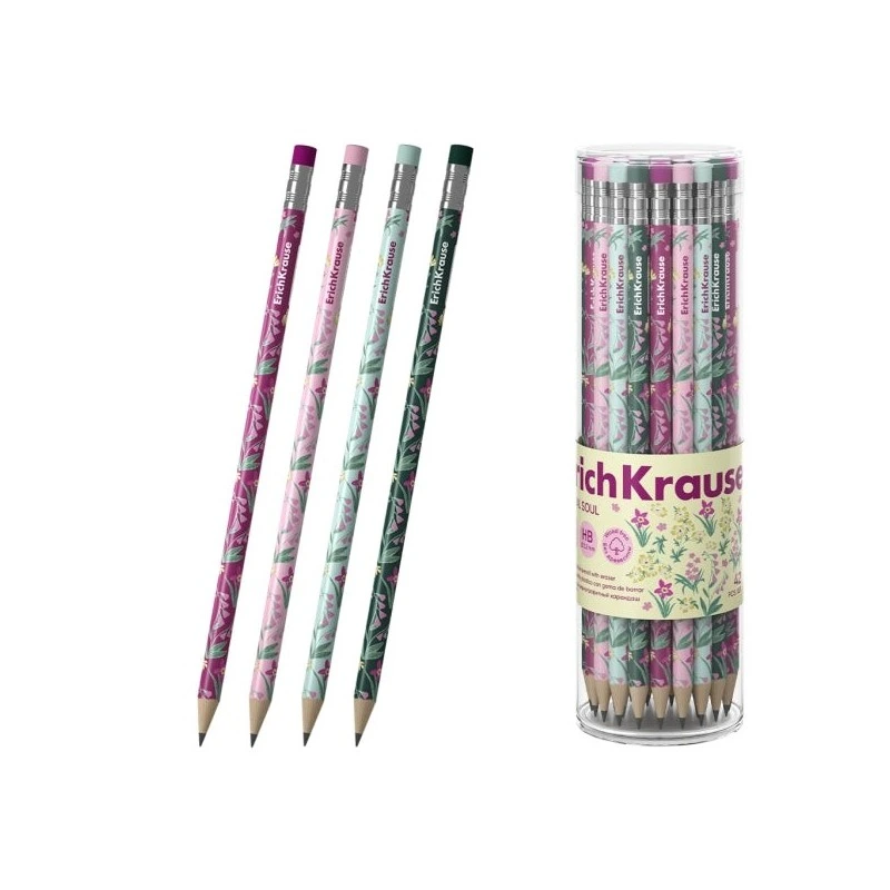 ErichKrause Floral Soul Lápis de Grafite com Borracha - Mina HB - Corpo Redondo - Plástico - Pega Ergonómica - Cores Sortidas
