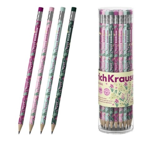 ErichKrause Floral Soul Crayon Graphite avec Gomme - Mine HB - Corps Rond - Plastique - Prise Ergonomique - Couleurs Assorties