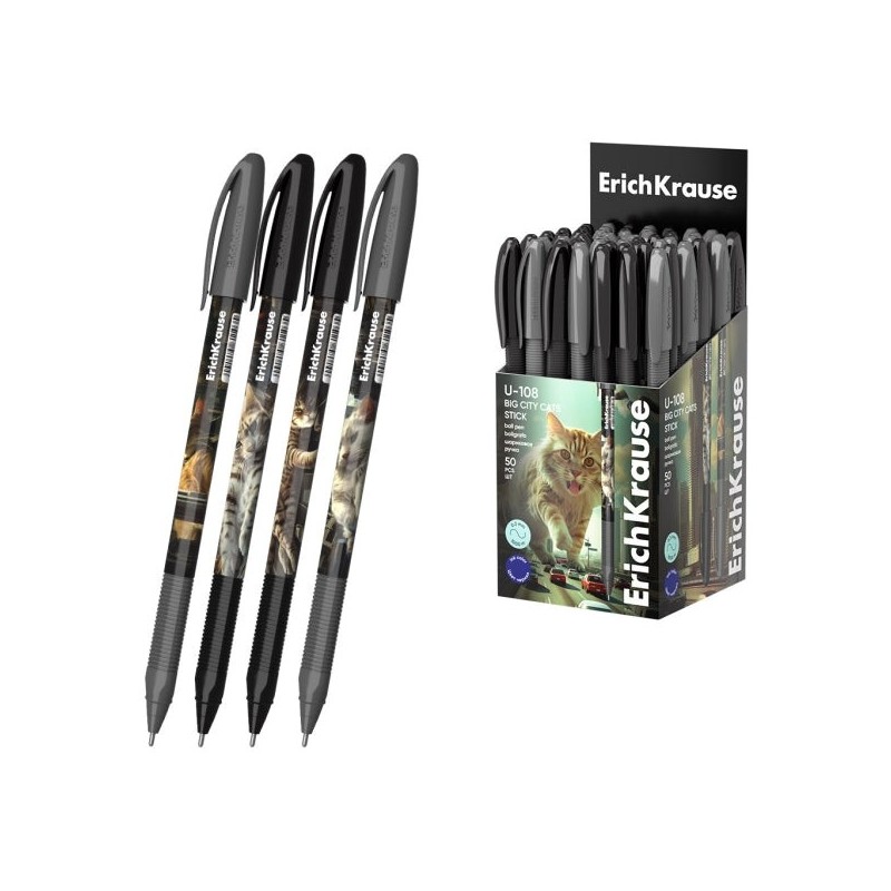 ErichKrause U-108 Stick Big City Cats Capped Ballpoint Pen - Assorted Designs - 0.3mm Line Width - Low-Viscosity Ink