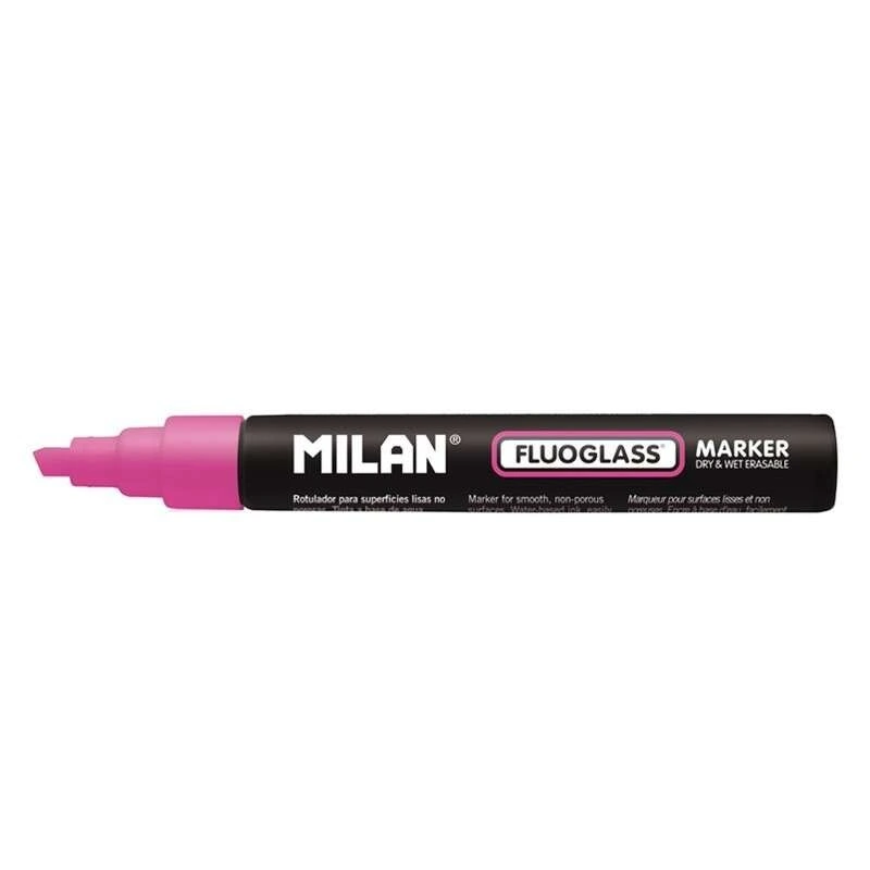 Milan Fluoglass Marker for Smooth Surfaces - Chisel Tip - Line Width 2 - 4mm - Water-Based Ink - Easy Erasing - Colour Pink