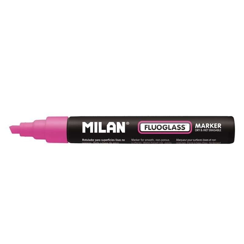 Milan Fluoglass Marqueur Surfaces Lisses - Pointe Biseautée - Tracé de 2 - 4mm - Encre à l'Eau - Effaçage Facile - Coloris Rose