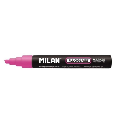 Milan Fluoglass Marker for Smooth Surfaces - Chisel Tip - Line Width 2 - 4mm - Water-Based Ink - Easy Erasing - Colour Pink