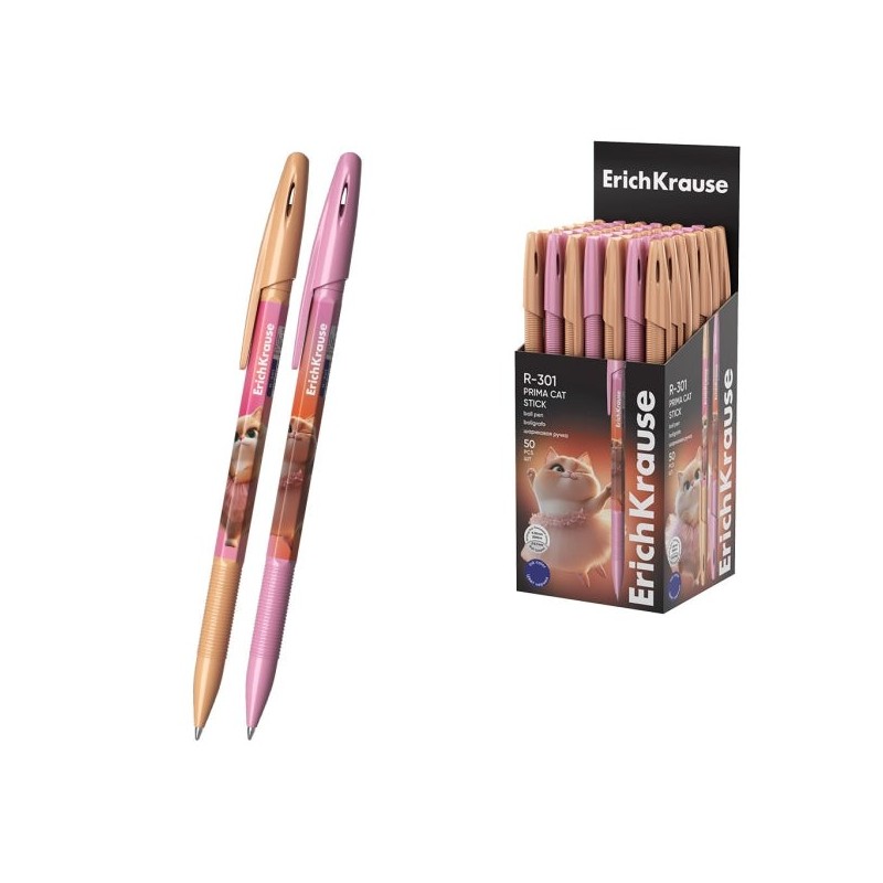 ErichKrause R-301 Stick Prima Cat Esferográfica com Tampa - Modelos Sortidos - Traço 0.35mm - Tinta de Secagem Rápida - Tampa
