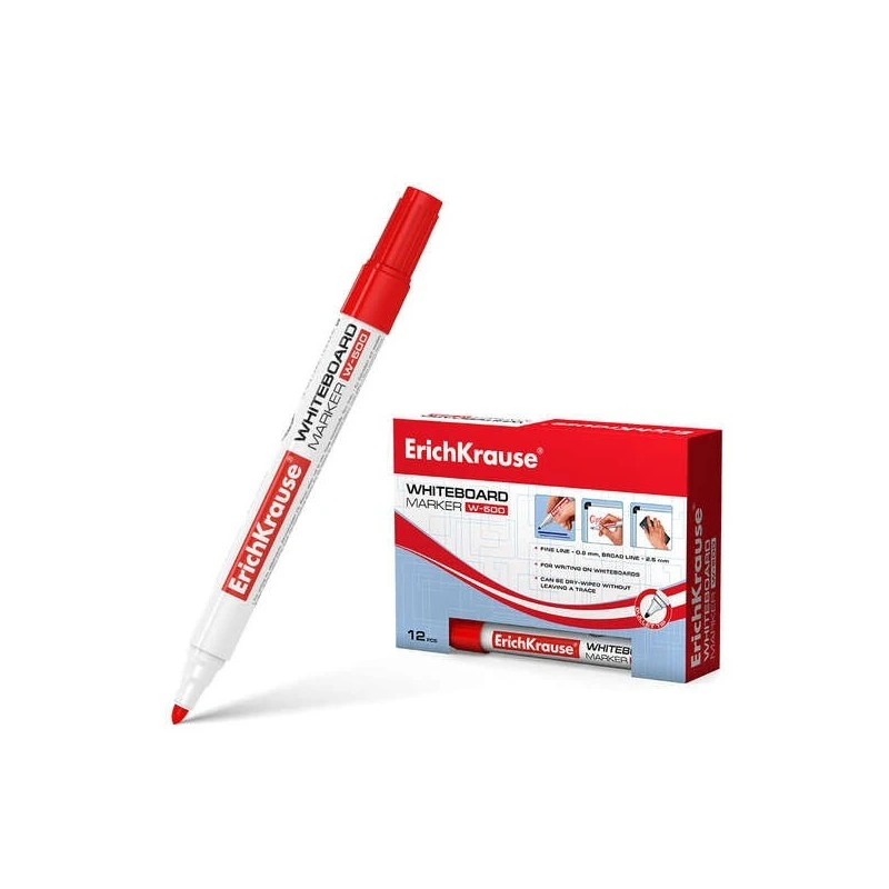 Erichkrause W-500 Whiteboard Marker - Bullet Tip - Line Width from 0.8 to 2.5mm - Alcohol-Based Ink - Red