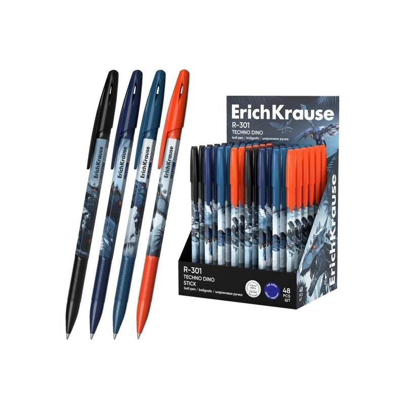 ErichKrause R-301 Stick Techno Dino Expositor con 48 Boligrafos con Capuchon - Modelos Surtidos - Trazo 0.35mm - Tinta de