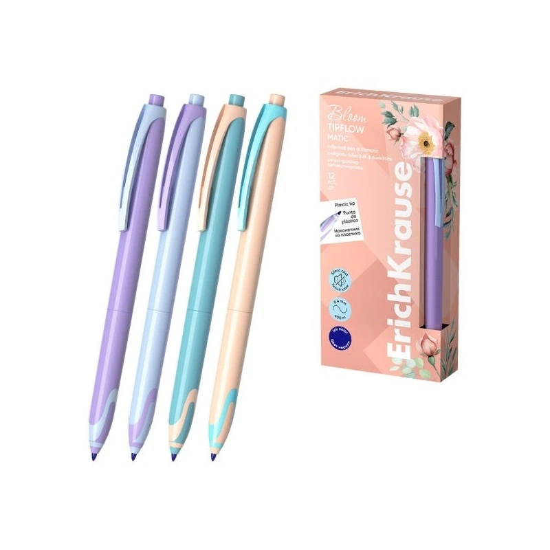 Erichkrause Bloom TipFlow Matic Pastel Stylo à Bille Rétractable - Pointe Bille 0.5mm - Tracé de 0.4mm - Encre Bleue - Corps en