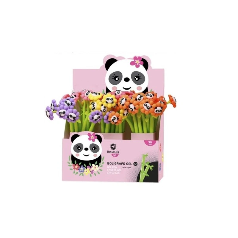 Bismark Animals Panda Boligrafo Tacto Soft con Flores y Cara de Panda - Punta Fina - Tinta Gel Color Negro - 6 Diseños
