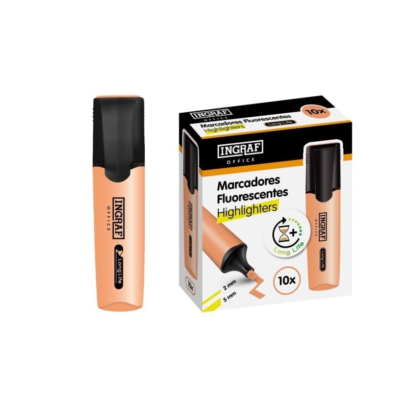 Ingraf Long-Life Surligneur Fluorescent - Pointe Biseautée - Trait 2-5mm - Encre à Base d'Eau - Couleur Orange