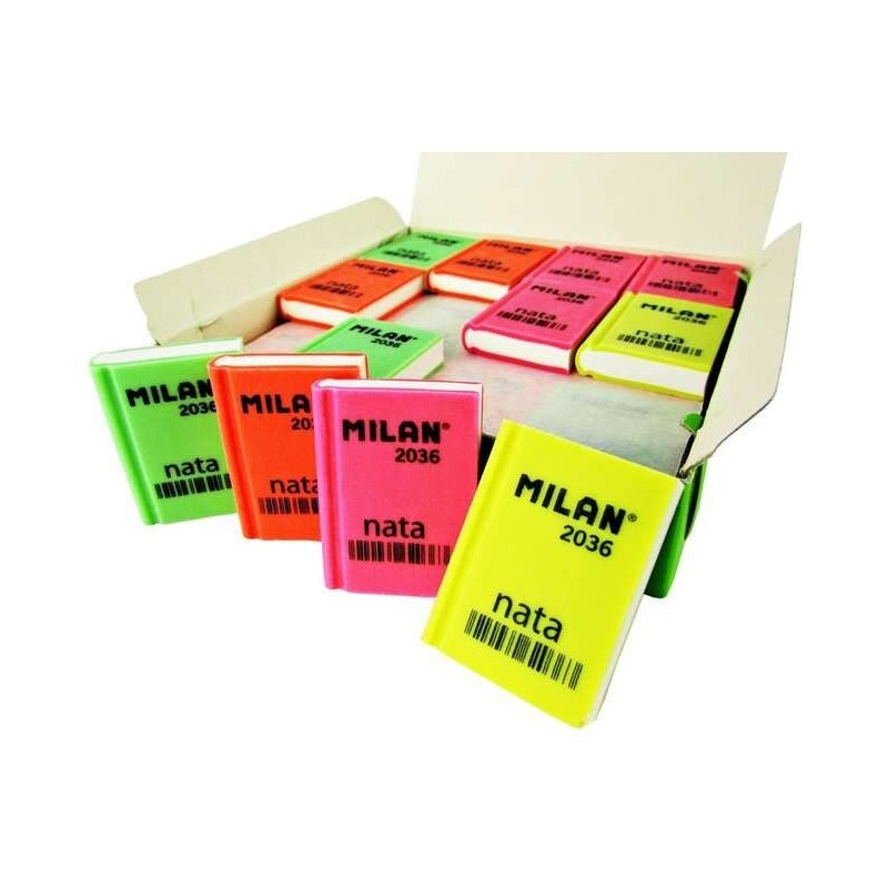 Milan Nata 2036 Rectangular Eraser - Plastic - Soft - Book Design - Assorted Fluorescent Colours