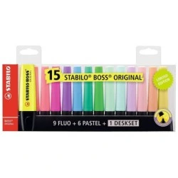 Stabilo Boss 70 Desk Pack of 15 Fluorescent Highlighters - Practical Desk Stand - 2 to 5mm Line Width - Refillable