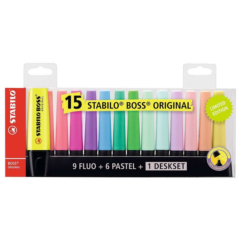 Stabilo Boss 70 Pack de Bureau de 15 Marqueurs Fluorescents - Socle Pratique pour Bureau - Trait entre 2 et 5mm - Rechargeable