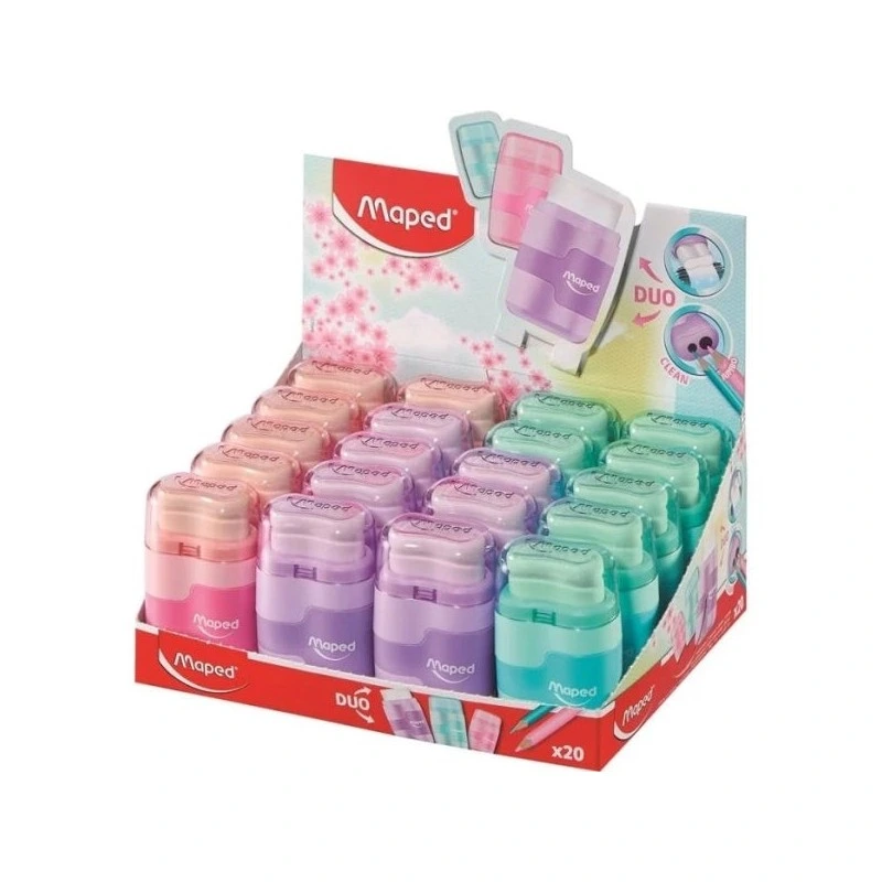 Maped Connect Duo Taille-Crayon-Gomme à 2 Trous avec Gomme - Réservoir de Grande Capacité - Forme Ergonomique - Coloris Assortis