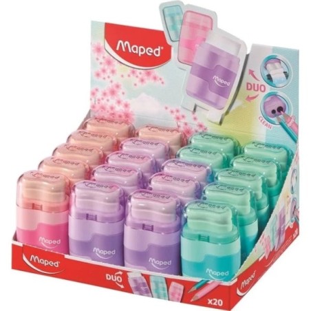 Maped Connect Duo Taille-Crayon-Gomme à 2 Trous avec Gomme - Réservoir de Grande Capacité - Forme Ergonomique - Coloris Assortis